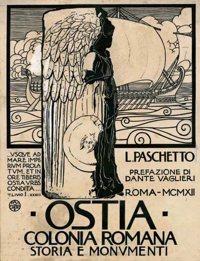 Bozzetto per la copertina del volume: Lodovico Paschetto, Ostia colonia romana. Storia e monumenti. Roma (1912). Inchiostro di china, grafite, tempera bianca. 325x250