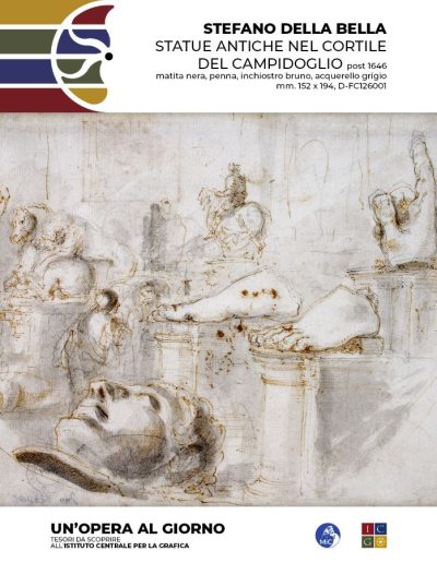 Statue antiche nel cortile del Campidoglio, post 1646 Matita nera, penna, inchiostro bruno, acquerello grigio, mm. 152 x 194 Inv. D-FC126001