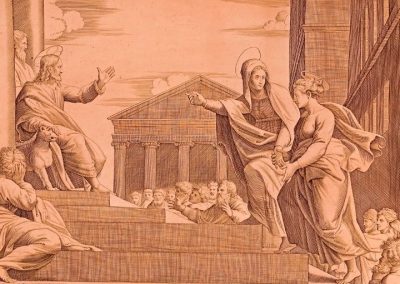 Marcantonio Raimondi, Marta conduce Maria Maddalena a Cristo, 1520-1524, bulino su rame, mm 234x345. M-904 