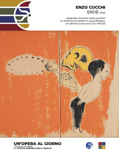 Enzo Cucchi Eroè, 2003 serigrafia, tecniche miste, pochoir su mattone di Castelli in cassa di legno, cm 29x14x3 (ciascuno) Inv.: ICG OM 225