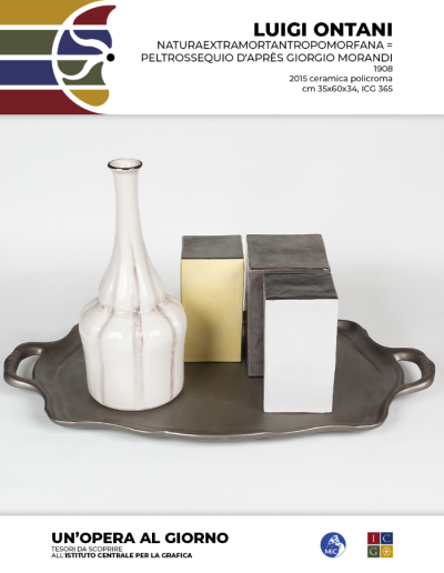 Luigi Ontani NaturaExtraMortantropomOrfana = Peltrossequio d'après Giorgio Morandi, 2015 ceramica policroma, cm 35x60x34 Inv. ICG 365